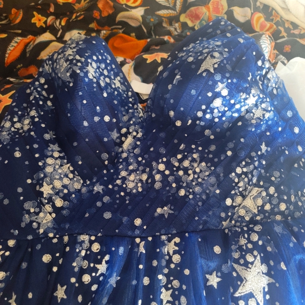 Floor length, blue star patterned tulle dress, size 16, laced back